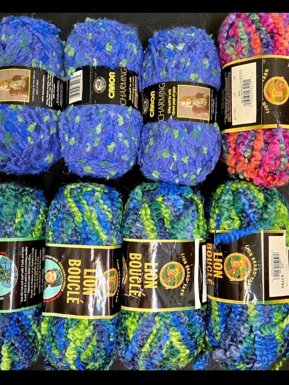 VINTAGE Lion Brand & Caron Bouclé Yarn Variety Pack - Blue Green Multicolor 8 Ct